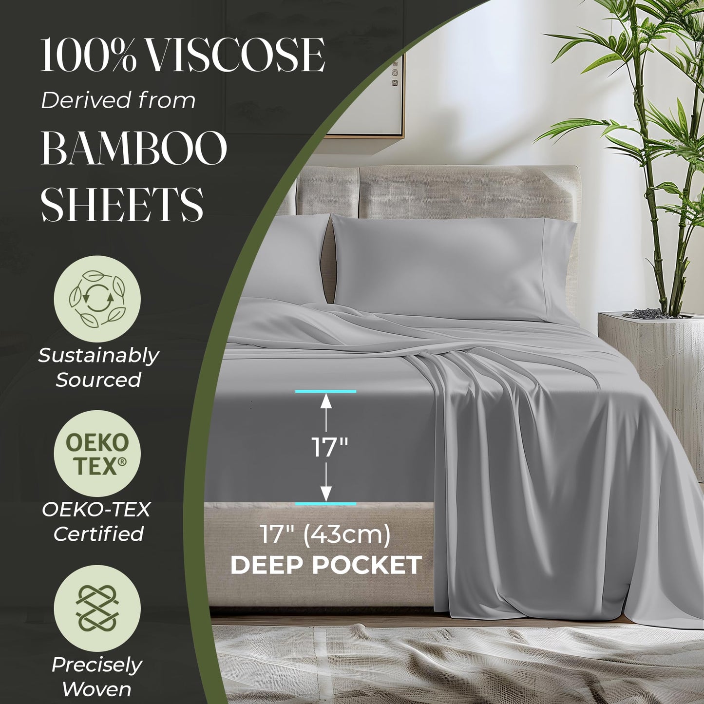 100% Organic Viscose Derived from Bamboo Sheets King Size 4pcs - Ultra Soft & Luxuriously Cooling, 17" Deep Pocket, Double Stitching, Perfect for Hot Sleepers - King Bed Sheets (Olive)