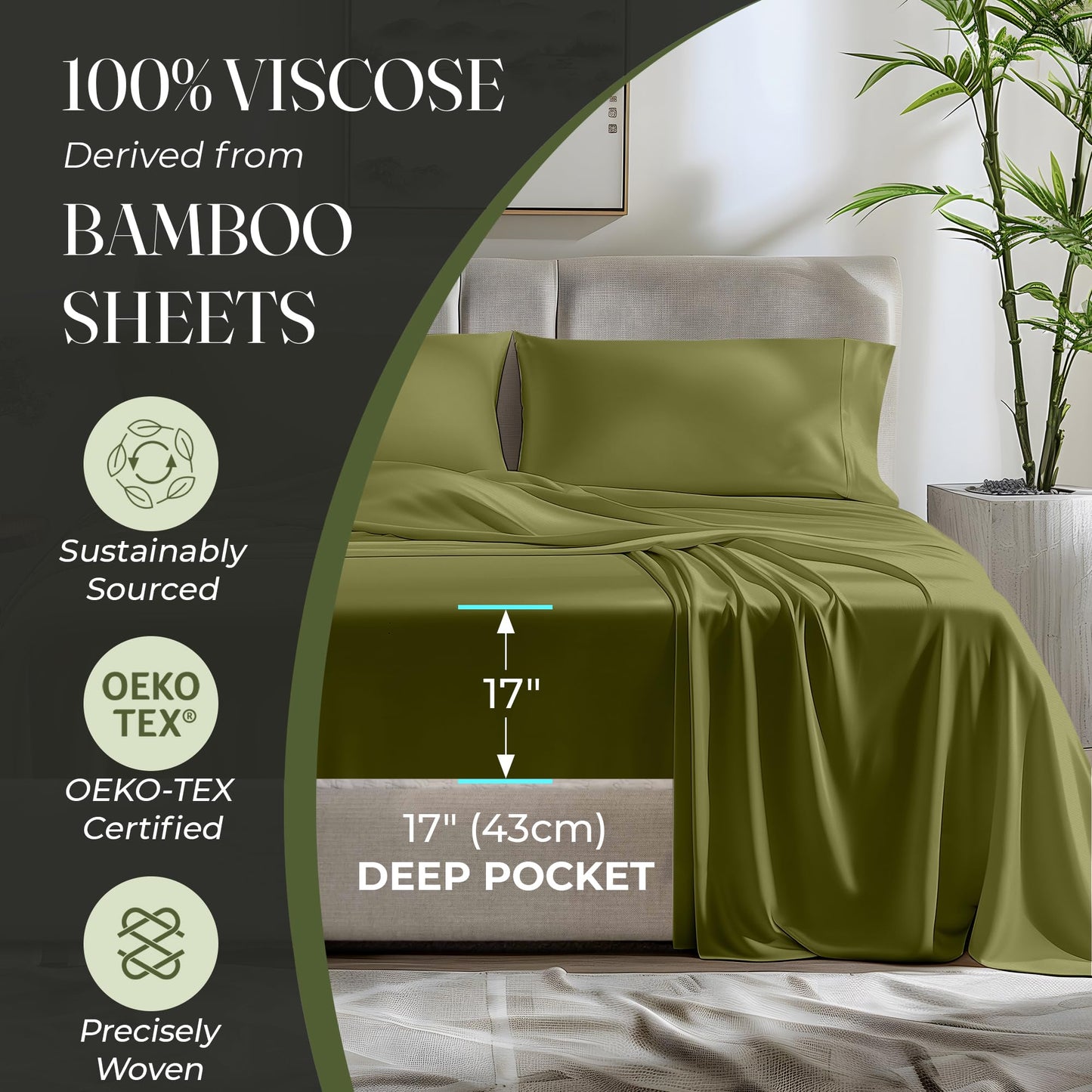 100% Organic Viscose Derived from Bamboo Sheets King Size 4pcs - Ultra Soft & Luxuriously Cooling, 17" Deep Pocket, Double Stitching, Perfect for Hot Sleepers - King Bed Sheets (Olive)