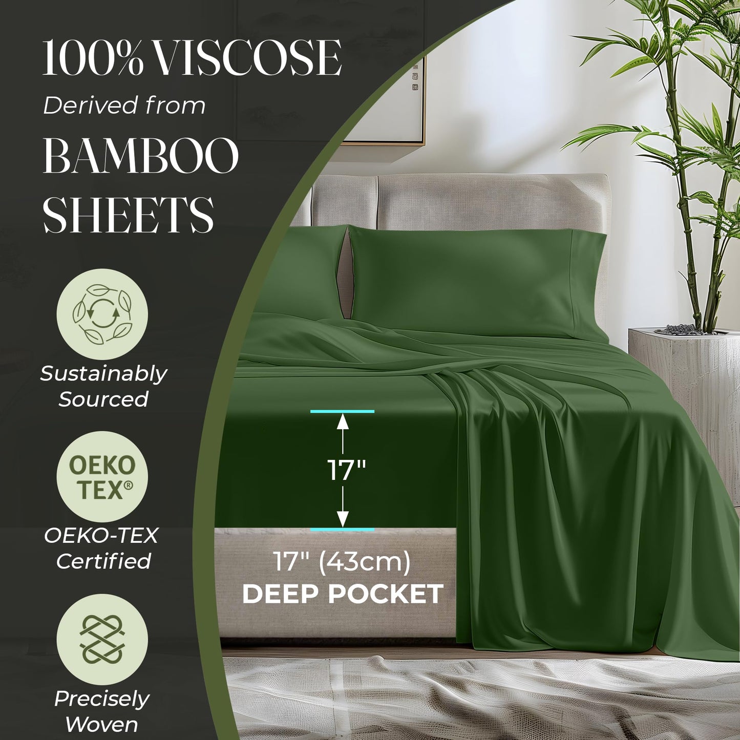 100% Organic Viscose Derived from Bamboo Sheets King Size 4pcs - Ultra Soft & Luxuriously Cooling, 17" Deep Pocket, Double Stitching, Perfect for Hot Sleepers - King Bed Sheets (Olive)