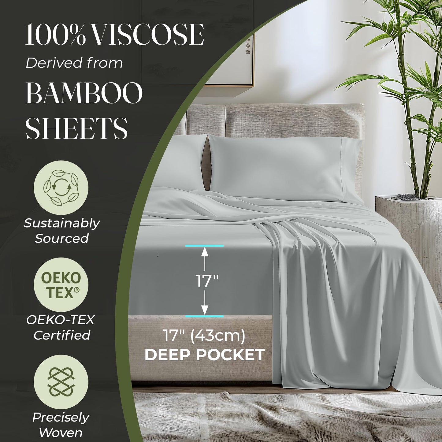 100% Organic Viscose Derived from Bamboo Sheets King Size 4pcs - Ultra Soft & Luxuriously Cooling, 17" Deep Pocket, Double Stitching, Perfect for Hot Sleepers - King Bed Sheets (Olive)