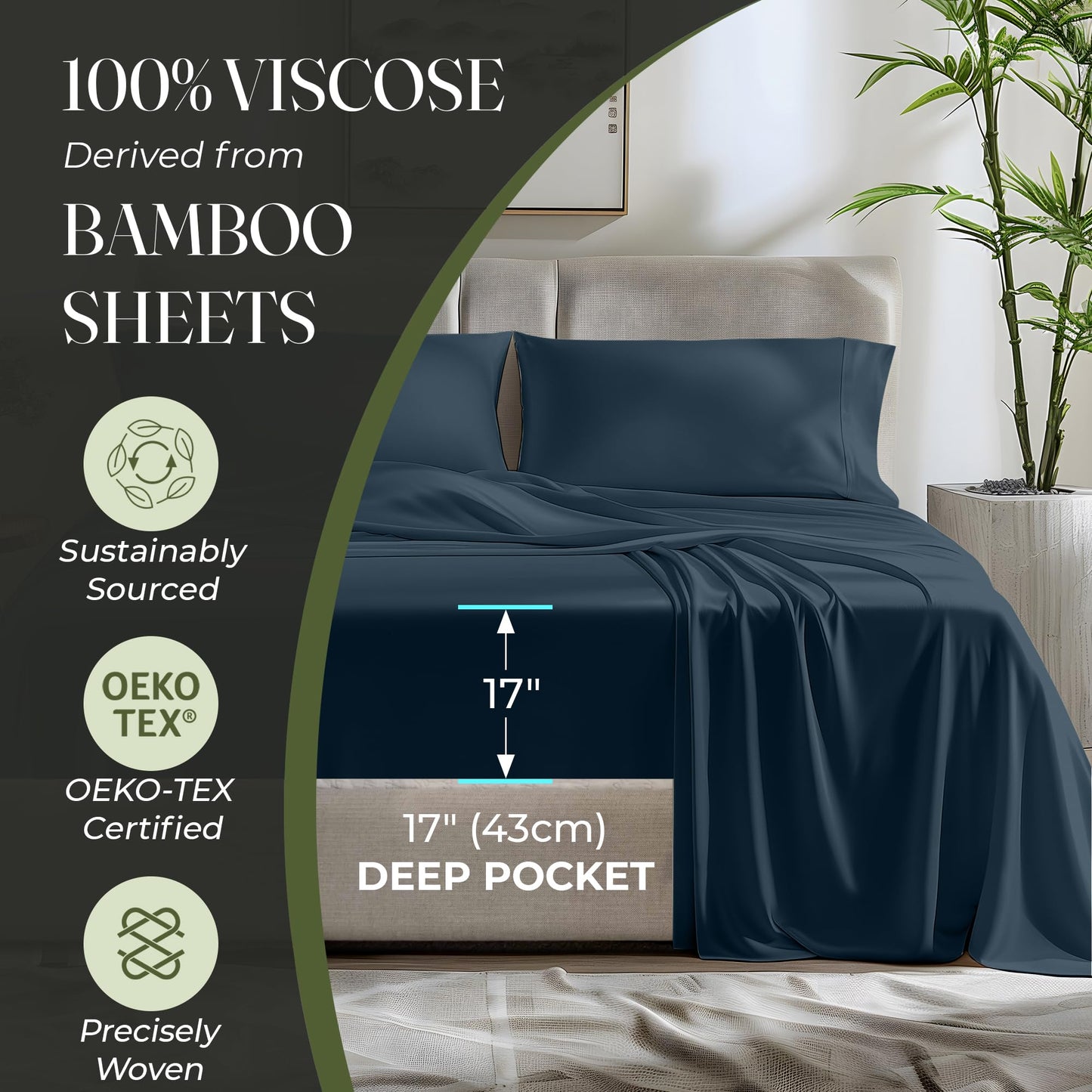 100% Organic Viscose Derived from Bamboo Sheets King Size 4pcs - Ultra Soft & Luxuriously Cooling, 17" Deep Pocket, Double Stitching, Perfect for Hot Sleepers - King Bed Sheets (Olive)