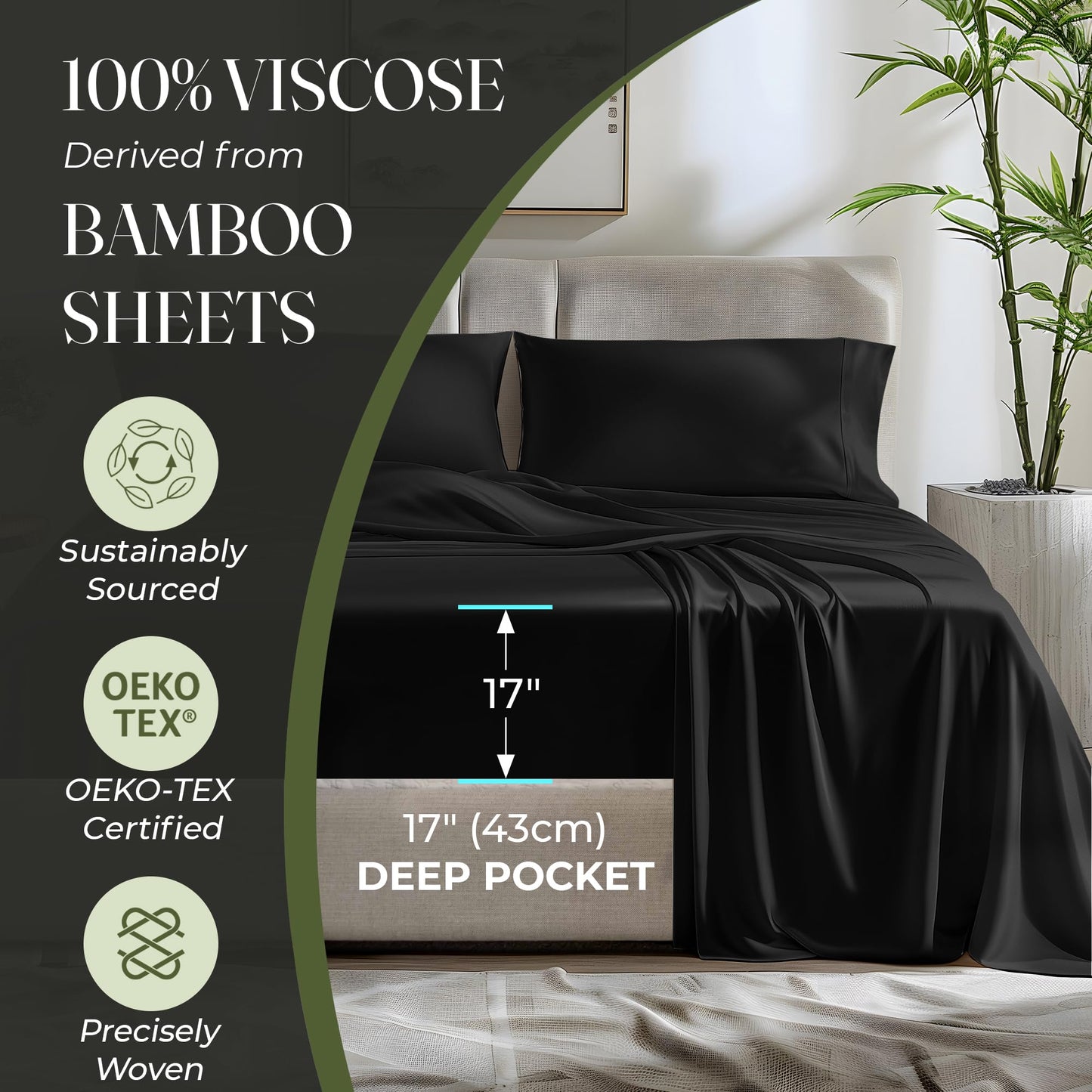 100% Organic Viscose Derived from Bamboo Sheets King Size 4pcs - Ultra Soft & Luxuriously Cooling, 17" Deep Pocket, Double Stitching, Perfect for Hot Sleepers - King Bed Sheets (Olive)