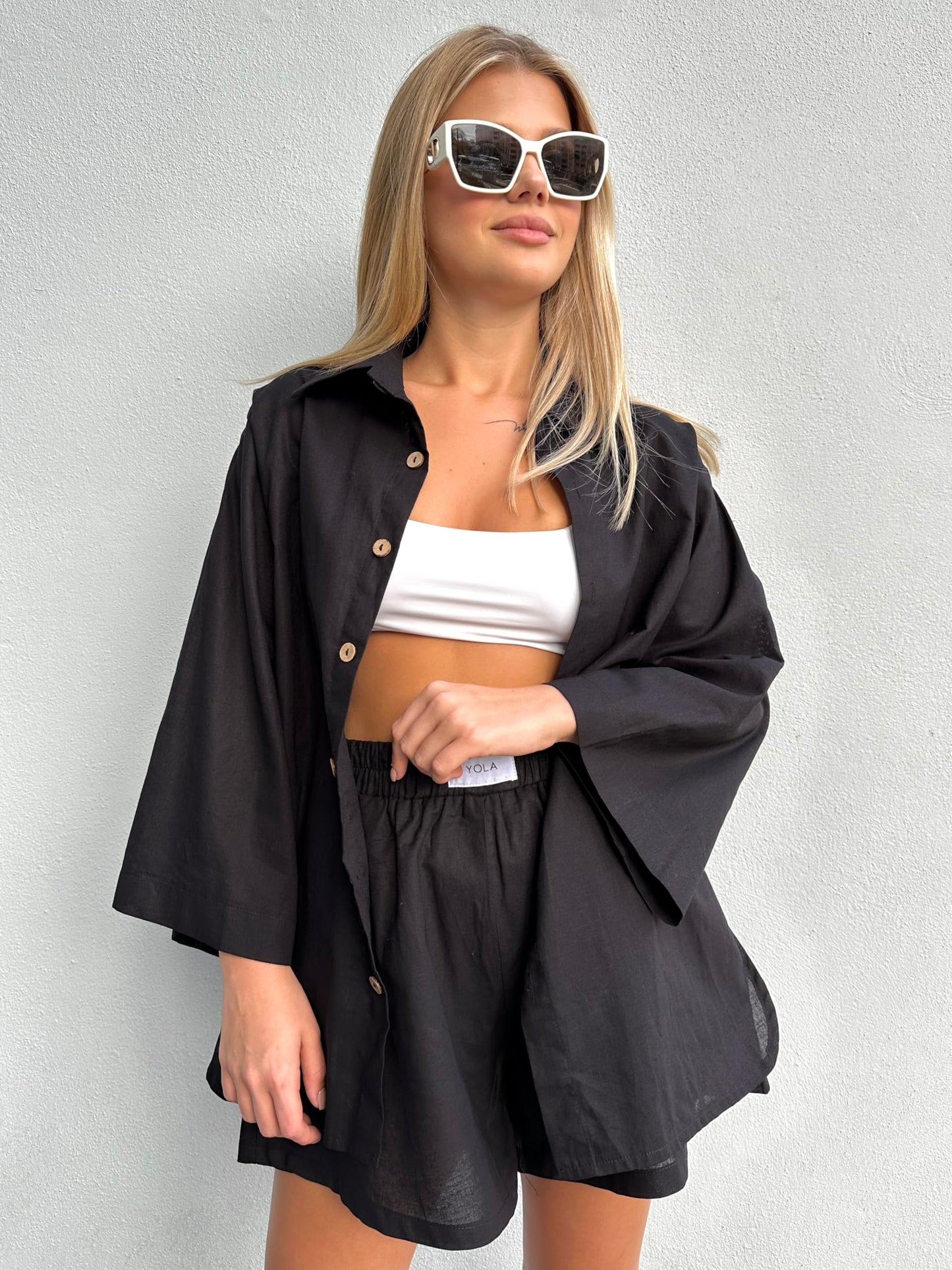 2 Pieces Outfit for Women: Organic Linen-Cotton Oversized Shirt, Shorts - Trendy 2024 Summer Style Fashion Sweatsuit Set