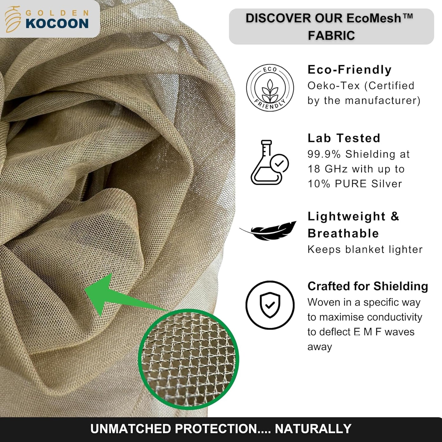 - E-M-F Blanket - Organic Cotton with EcoMesh™ Tech Faraday Fabric Inside - Great for Travel - Size 31x35 in - 5 g, Cell Towers, Bluetooth, Smart Meters &WiFi - Golden Cocoon