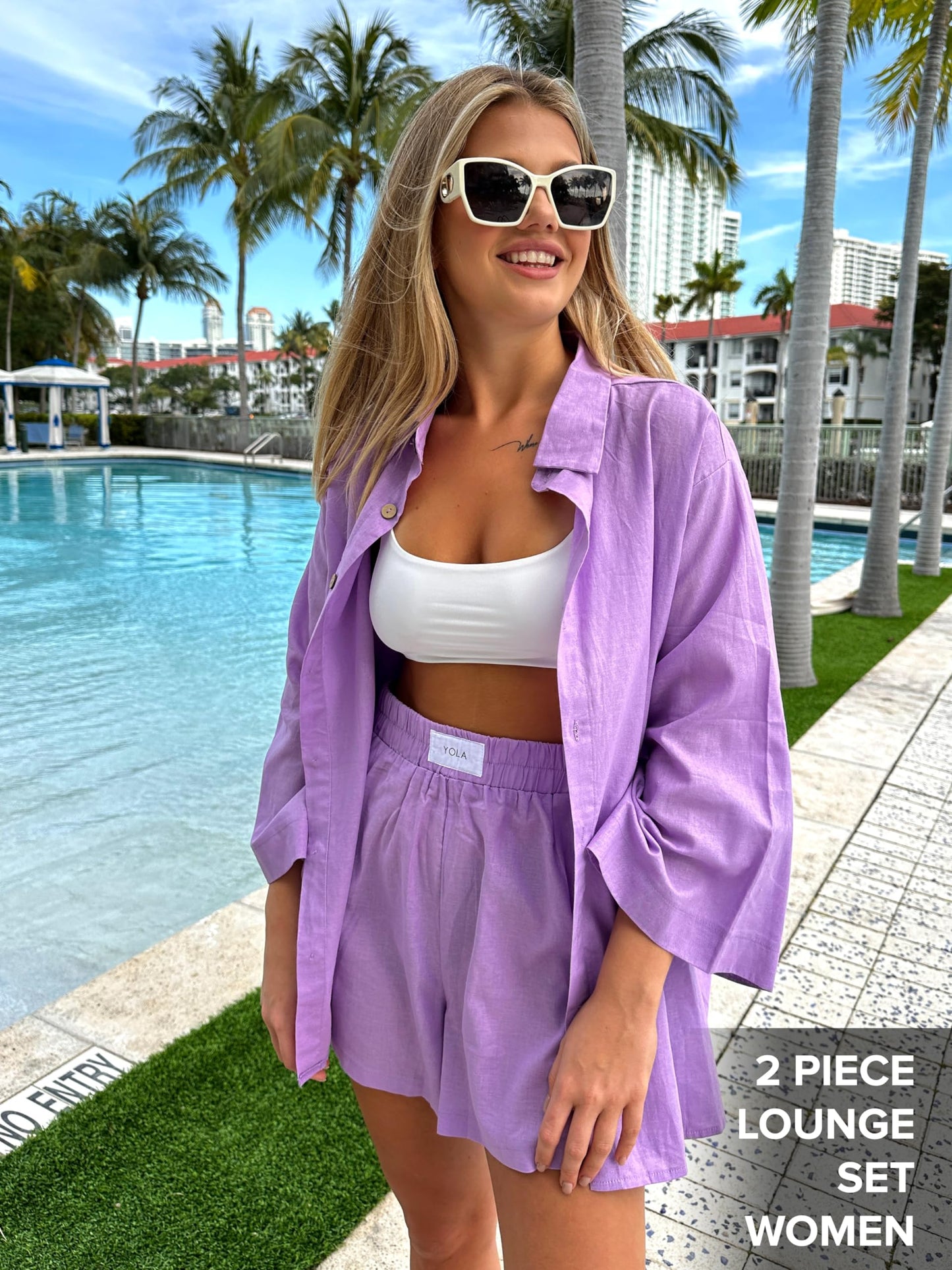 2 Pieces Outfit for Women: Organic Linen-Cotton Oversized Shirt, Shorts - Trendy 2024 Summer Style Fashion Sweatsuit Set