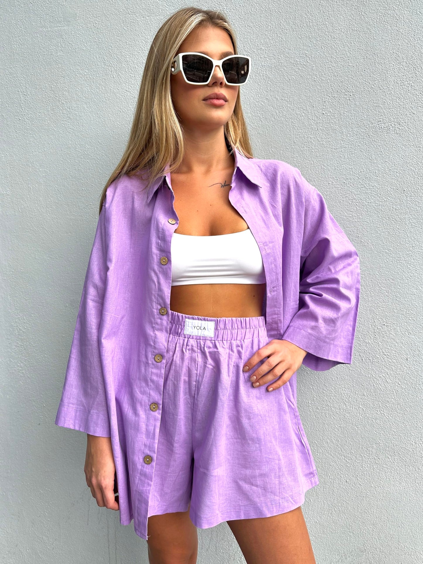 2 Pieces Outfit for Women: Organic Linen-Cotton Oversized Shirt, Shorts - Trendy 2024 Summer Style Fashion Sweatsuit Set